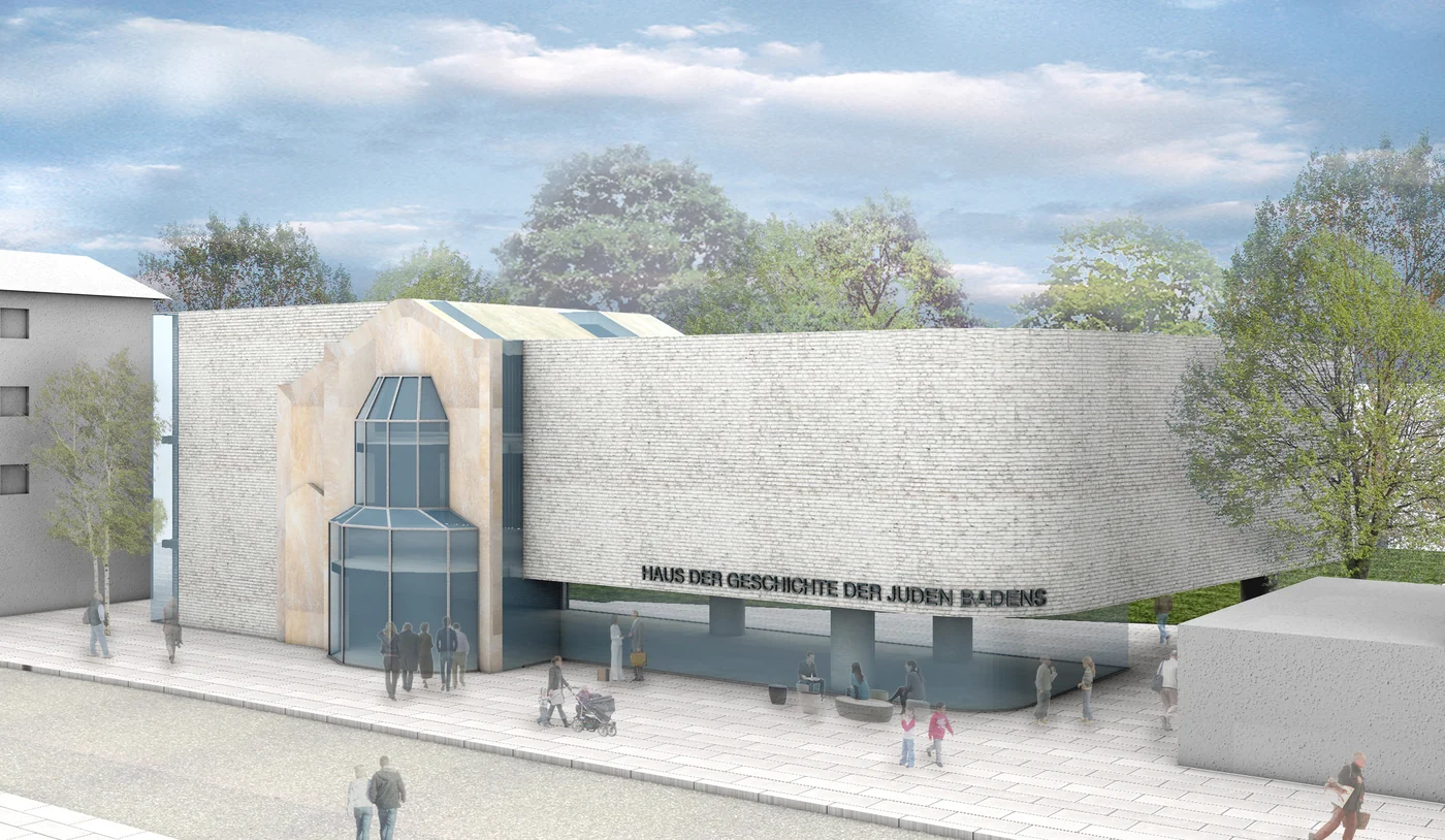 Frühe Architekturvisualisierung von Erwin Weil: ein Neubau mit einer an die historische Synagoge erinnernden Eingangsfassade