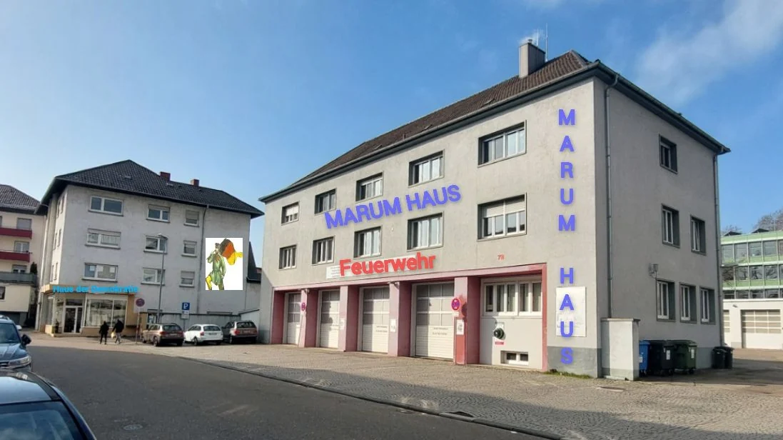 Fotomontage der Alten Feuerwache mit dem vorgeschlagenen Schriftzug MARUM HAUS an der Fassade